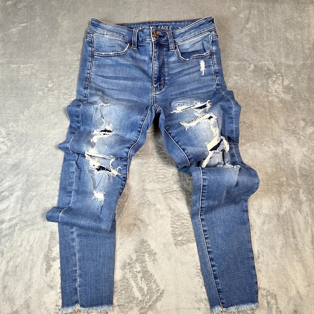 American Eagle Hi-Rise Jegging Womens 6 Blue Excellent Distressed Super Stretch